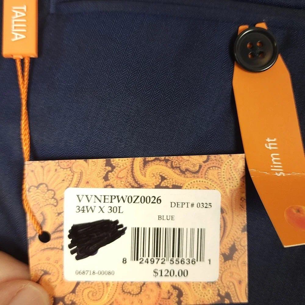 TALLIA Slim Fit Dress Pants Navy Blue Herringbone Mens Size 34W x 30L NEW‎